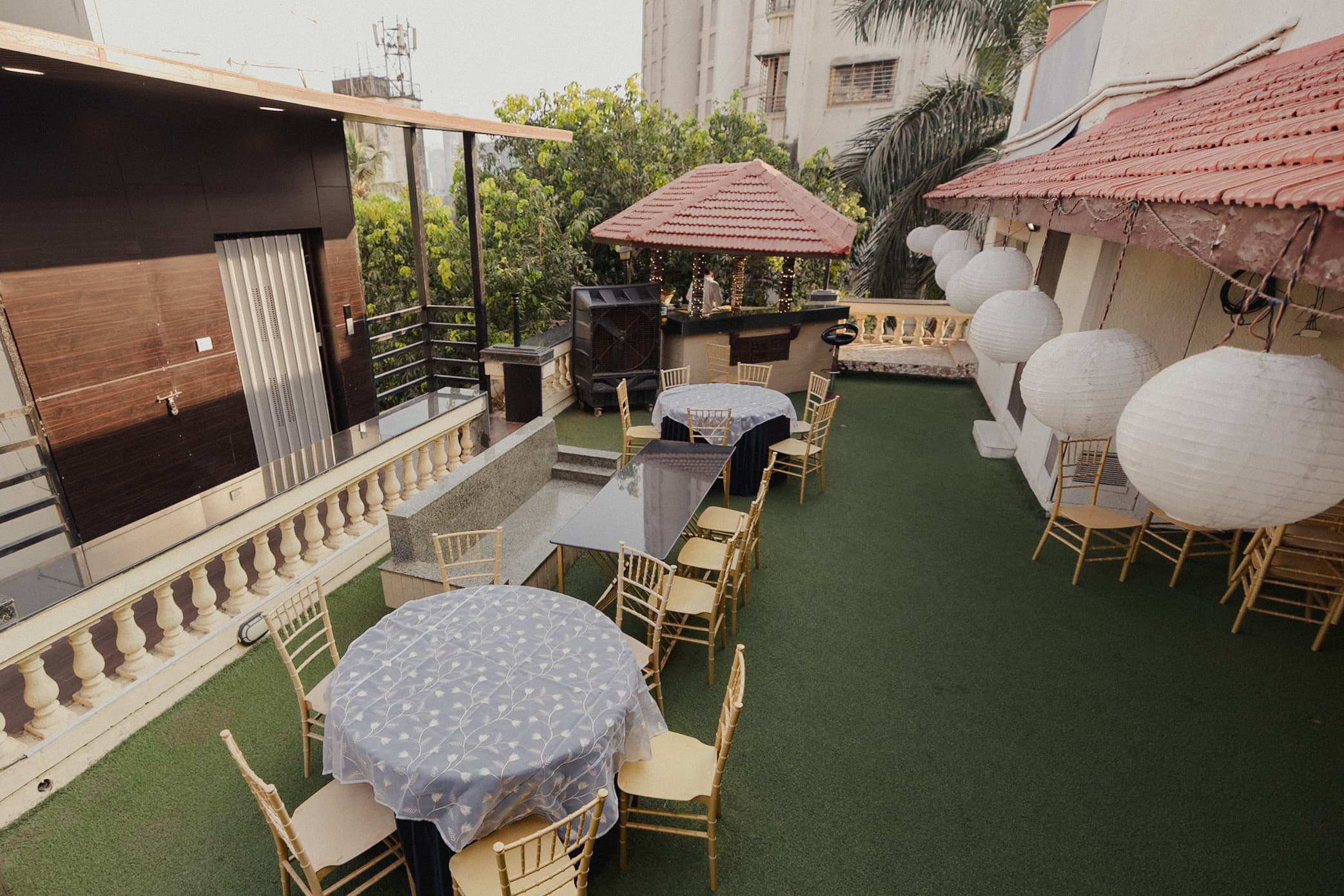 Event terrace setup with lanterns